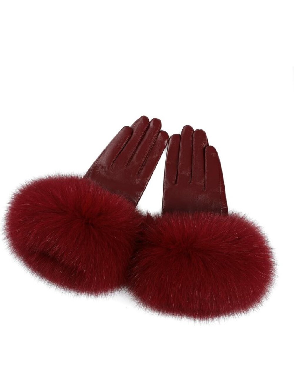 Genuine Lambskin Leather Gloves with Fox Fur Trim Cuff - Warm Velvet Lined